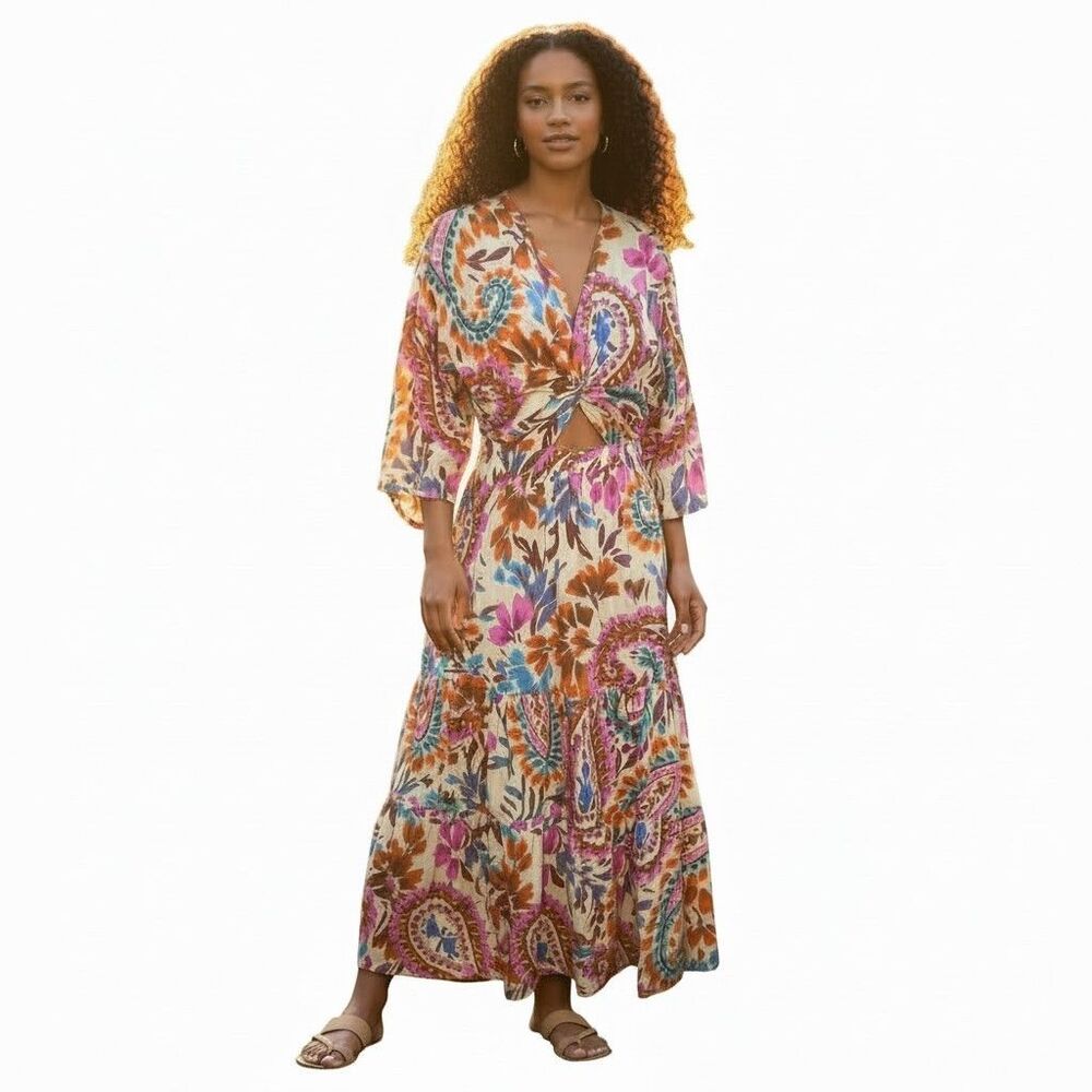 Zara Floral Midi Dress XS Knot Detail Elastic Waist Tiered Balloon Sleeve Boho